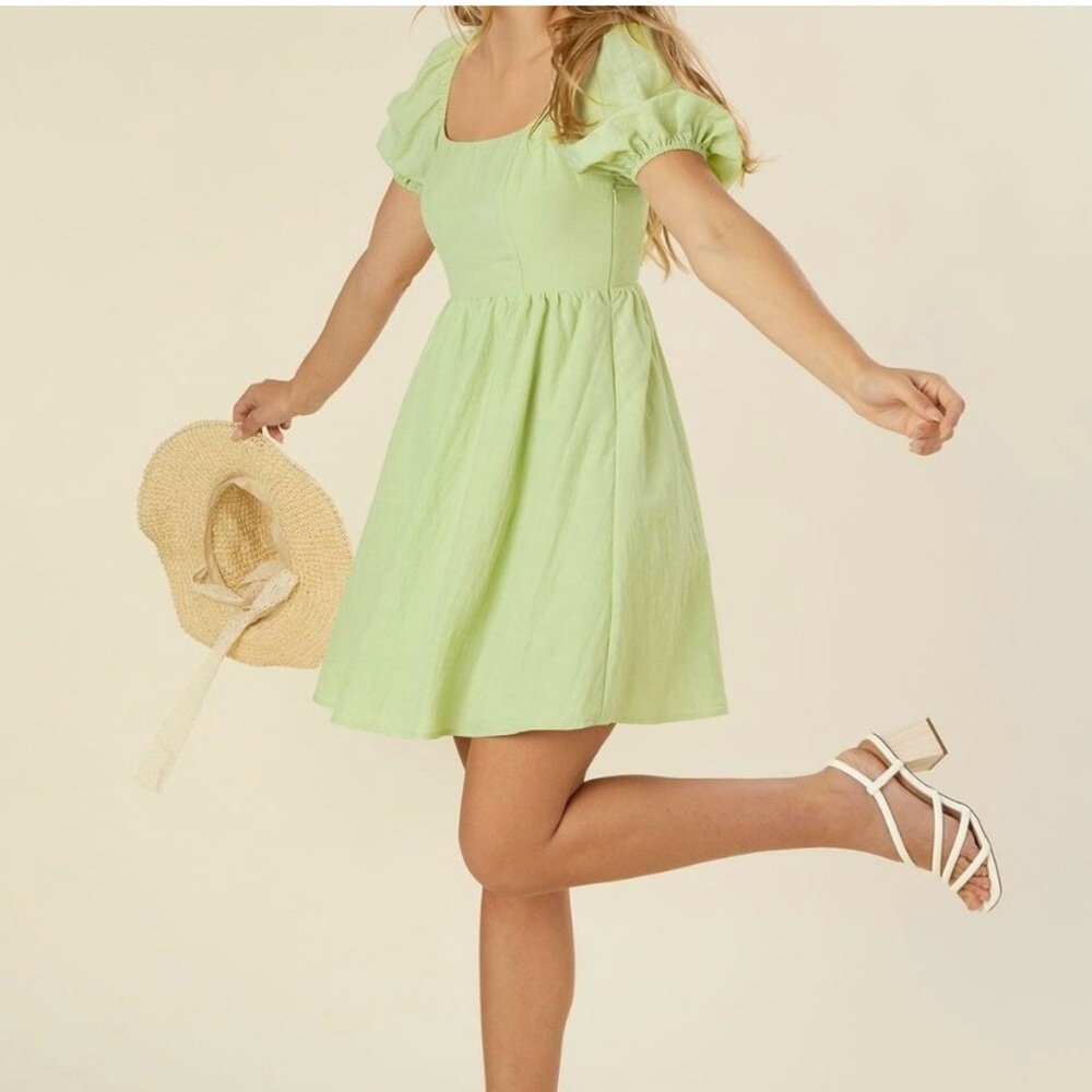Green Tie Back Dress Square Neck Puff Sleeves